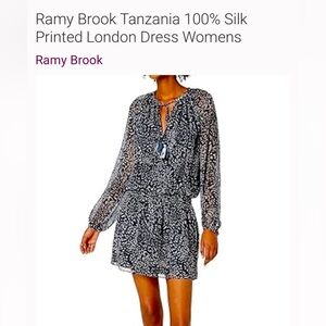 Ramy Brook Navy and White Printed Long-Sleeve Smock Dress